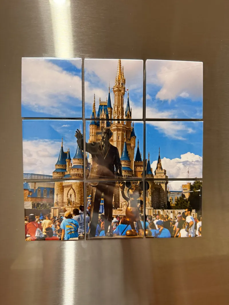One photograph of a castle split across nine magnets to form a single picture